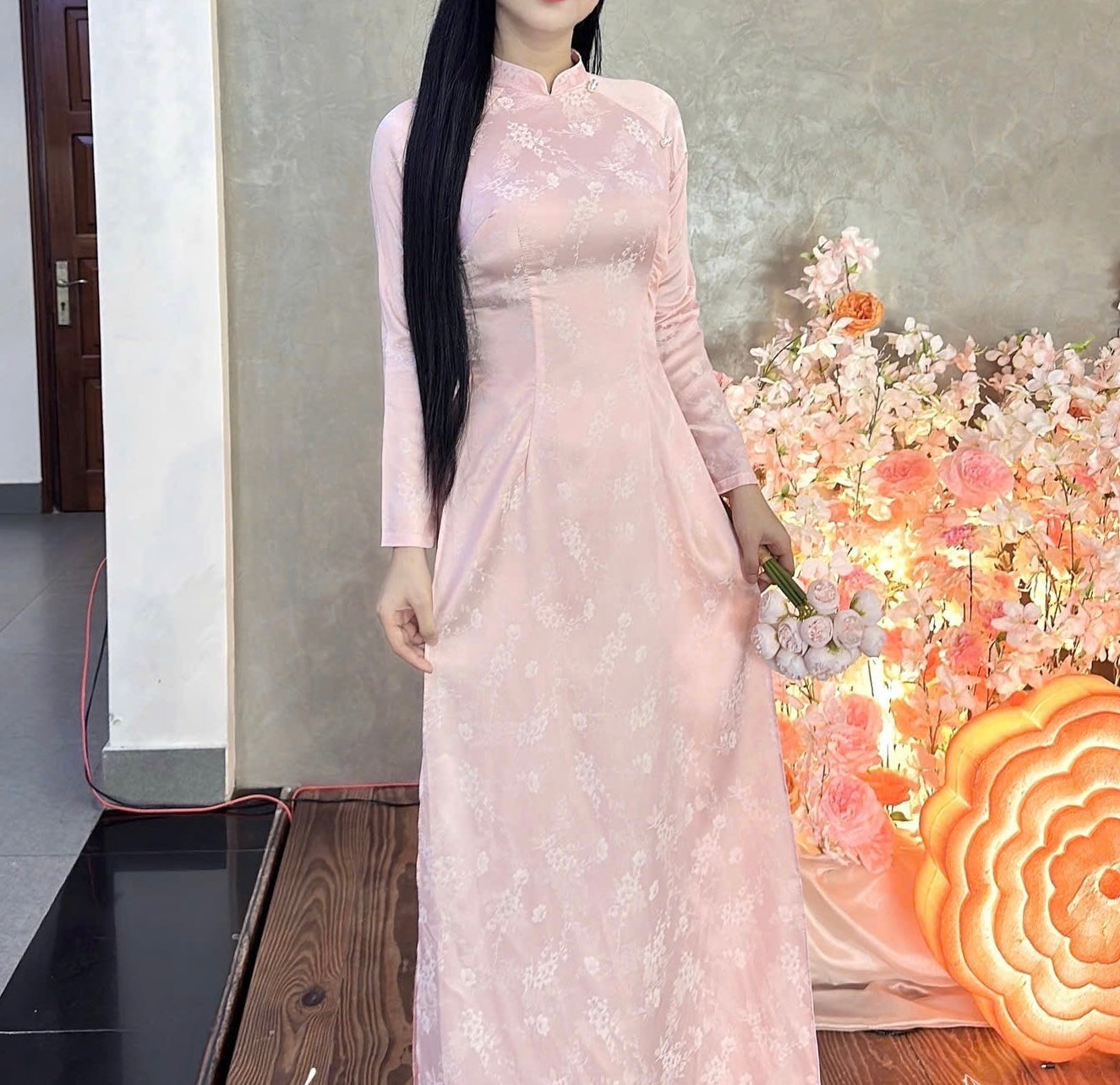 H264 Áo only - Áo dài lụa gấm màu hồng nhạt