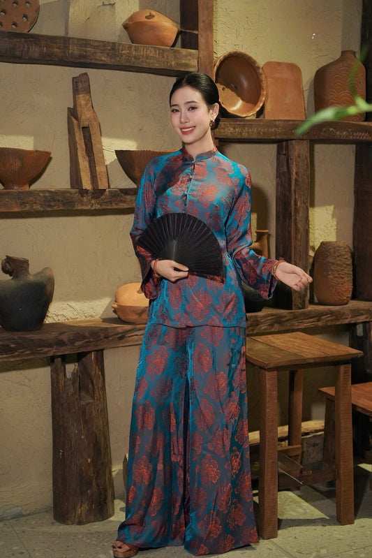 BB176 3884 - Set bà ba lụa silk óng quế chi xanh coban ánh đỏ. quần ống rộng