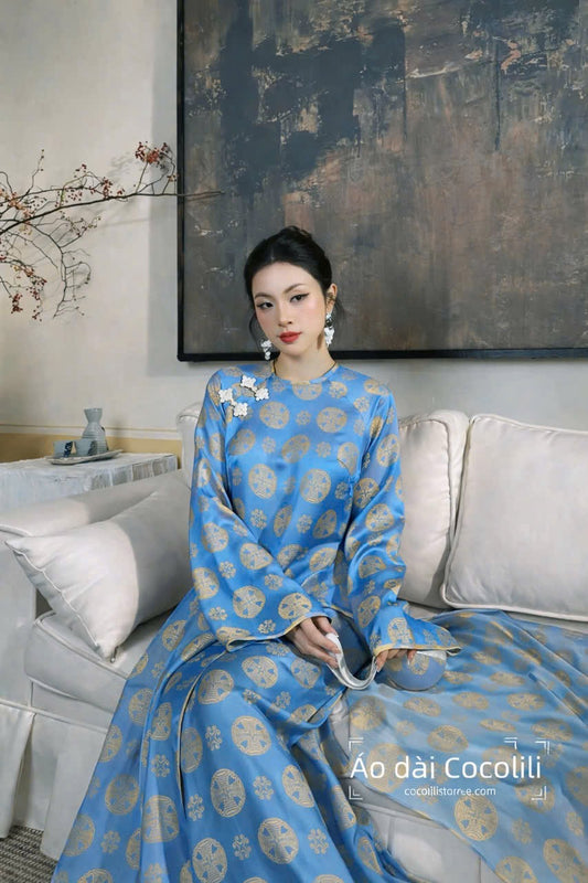 H701 3886 Áo + quần cùng chất - Áo dài dáng suông 2 tà lụa silk óng vạn hỷ màu xanh dương