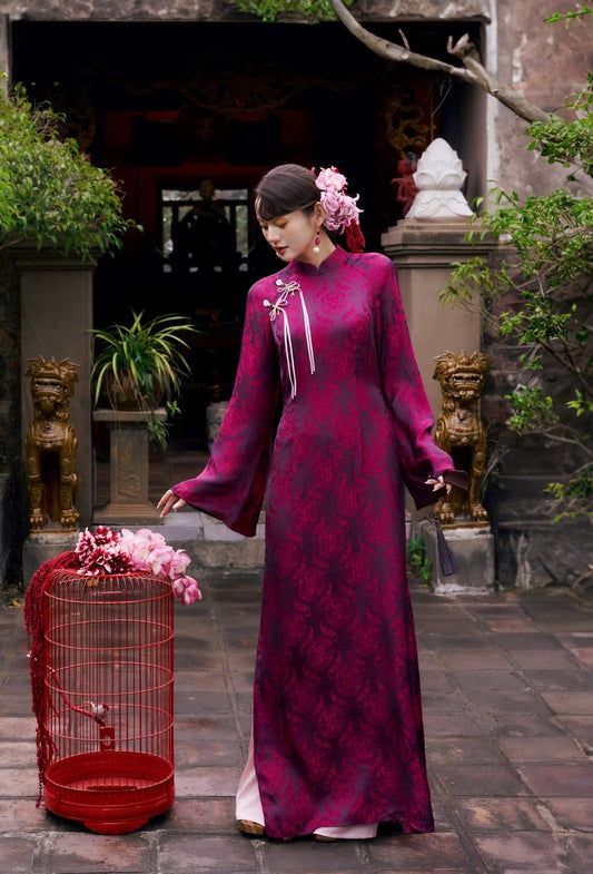 H695 3887 Áo only no pants - Áo dài dáng truyền thống chiết li eo lụa gấm thọ dơi màu tím cẩm
