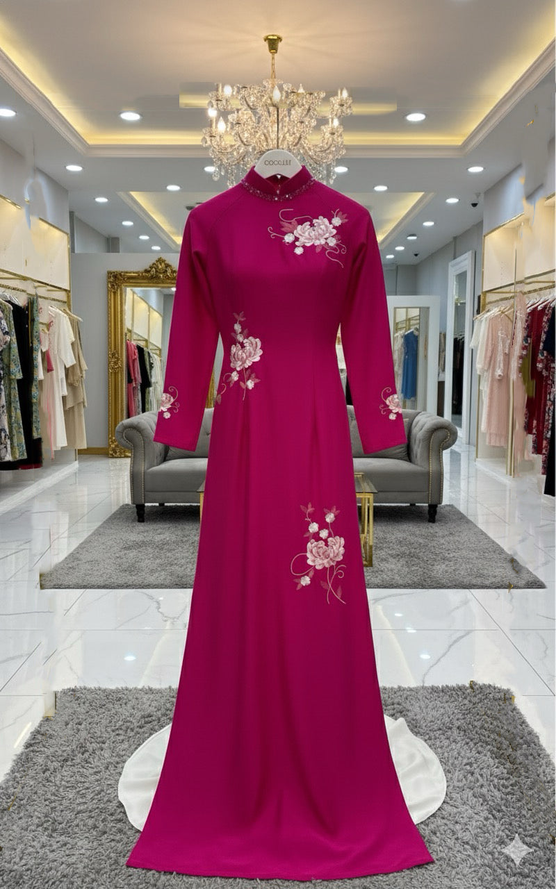 H259 1409 Áo only - Áo dài lụa Indo thêu hoa đính cổ