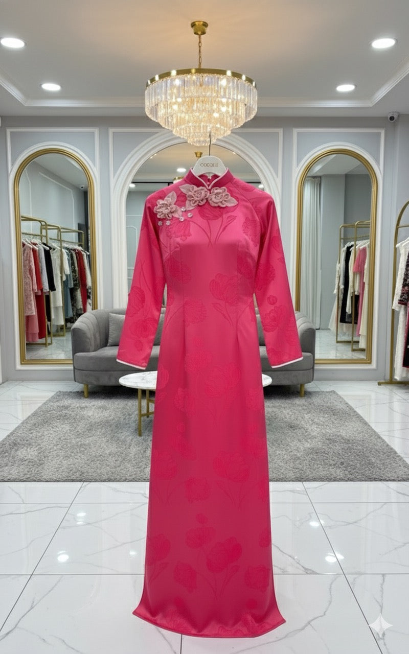 H263 1405 Áo only - Áo dài lụa đính hoa nổi