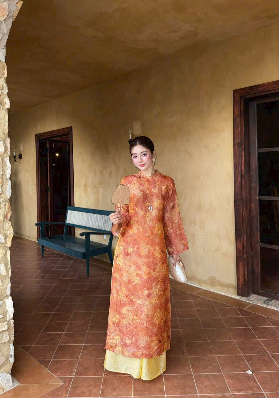 K298 Áo only no pants - Áo dài dáng suông lụa tằm màu cam