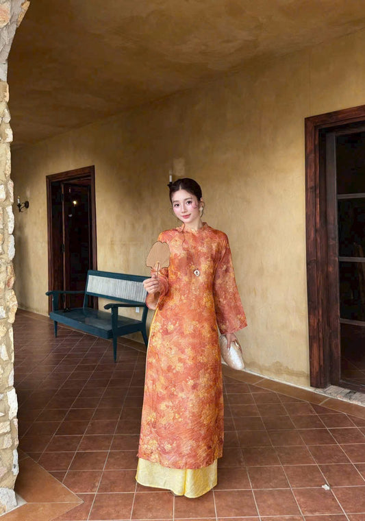 K298 Áo only no pants - Áo dài dáng suông lụa tằm màu cam
