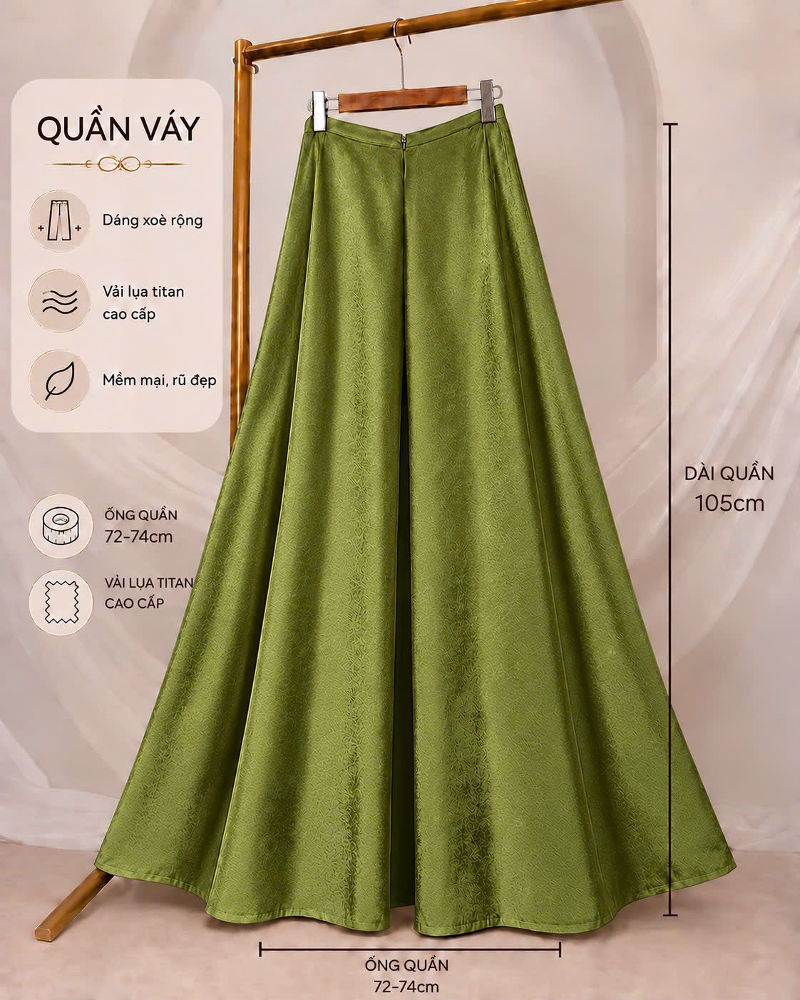 QV44 6059 - Quần váy lụa titan màu xanh rêu