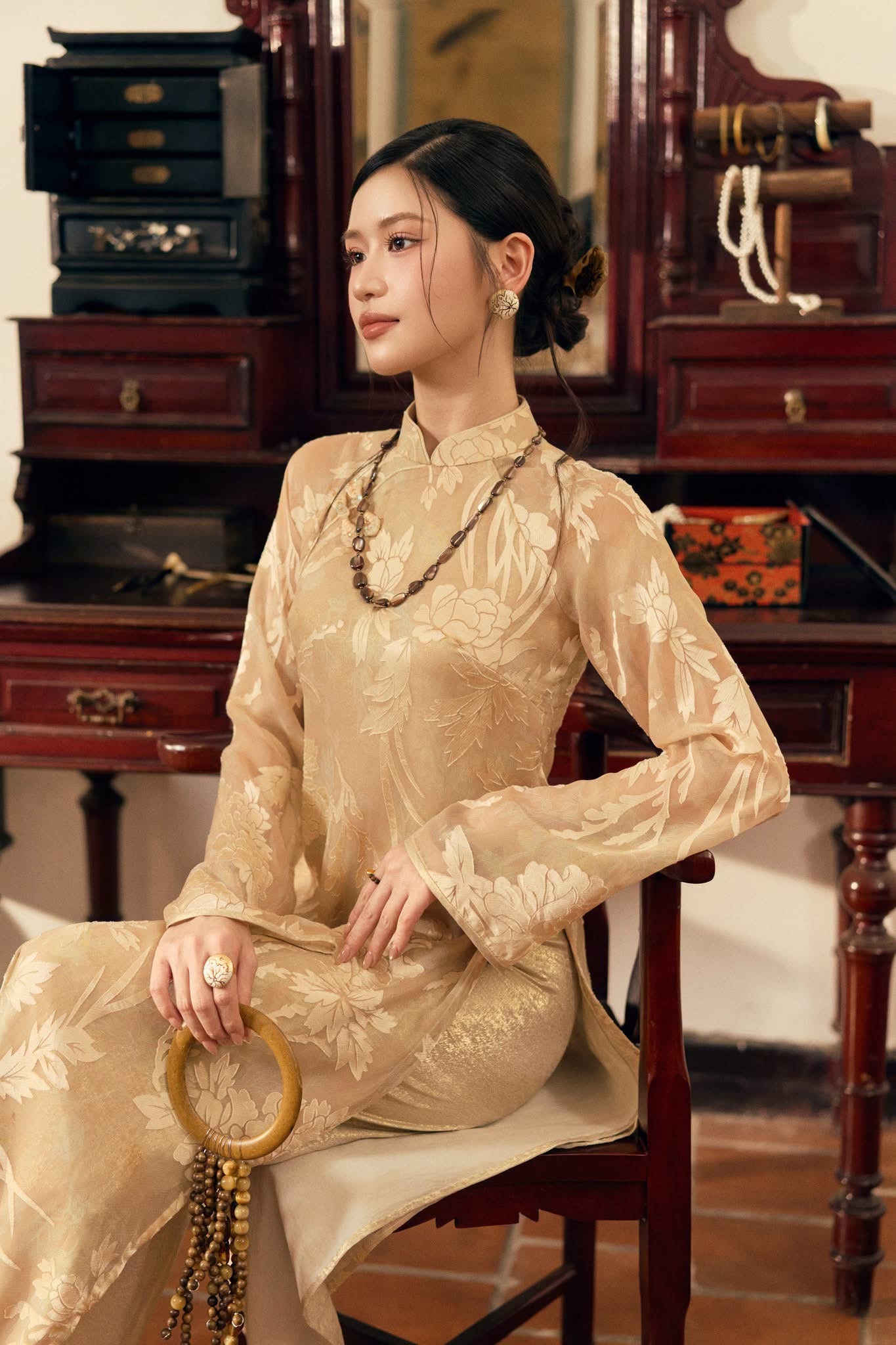 K377 6442 Áo only no pants - Áo dài dáng suông 4 tà tơ hoa cao cấp