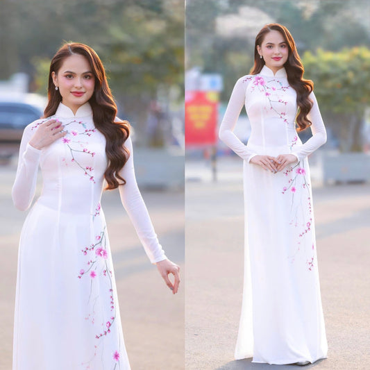 C105 Áo only no pants - Áo dài truyền thống chiết eo chiffon 4 tà trắng thêu