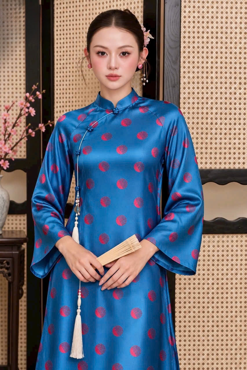 K372 6447 Áo only no pants - Áo dài dáng suông lụa tằm chấm bi thiết kế