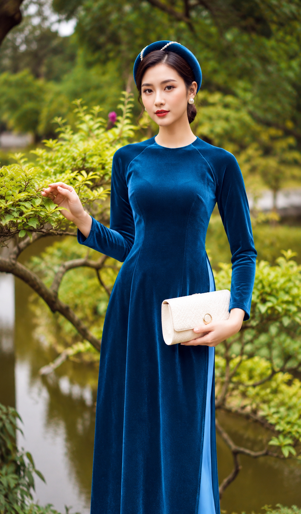 N105 6421 Áo only no pants - Áo dài truyền thống chiết eo nhung trơn cổ tròn