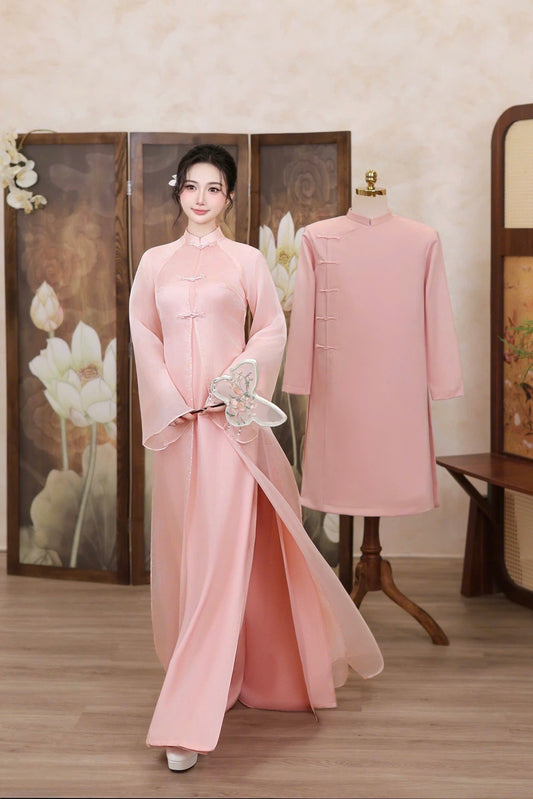 K290 6482 Áo + choàng - Áo dài dáng suông màu hồng phấn kèm choàng tơ