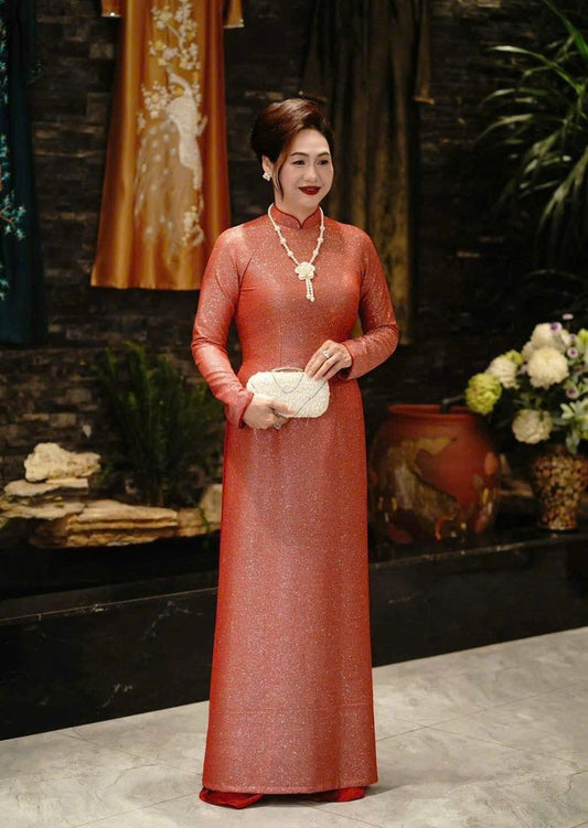 K394 6476 Áo only no pants - Áo dài chiết eo nhung kim tuyến màu cam