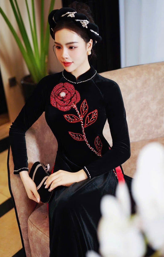 N112 6475 Áo only no pants - Áo dài truyền thống chiết eo nhung đen đính kết
