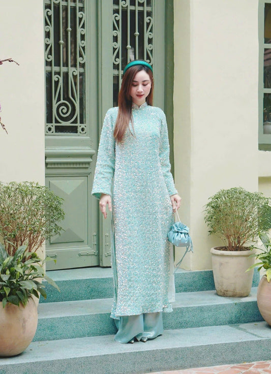 K389 6481 Áo only no pants - Áo dài dáng suông nhung kimsa màu xanh ngọc