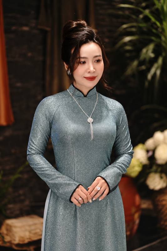 K396 6477 Áo only no pants - Áo dài chiết eo nhung kim tuyến màu xám