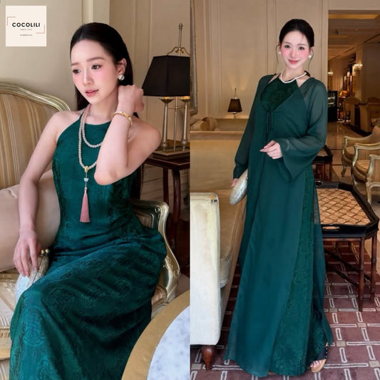 VC01 6478 Đầm + choàng - Đầm dài cổ yếm lụa tằm ánh kim hoa thuỷ tiên màu xanh lá kèm choàng tơ