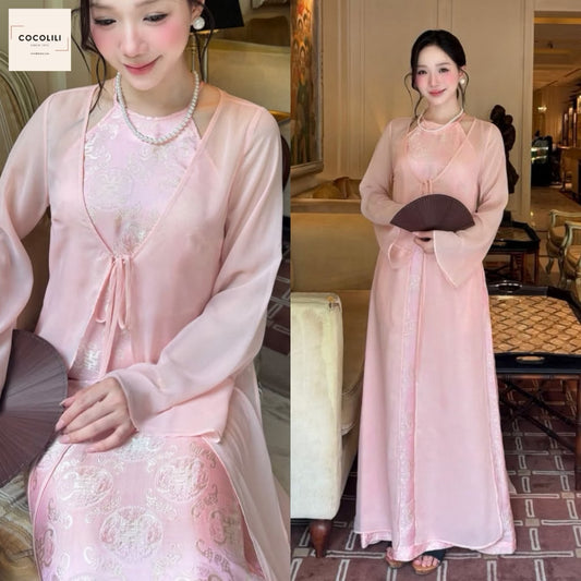 VC02 6479 Đầm + choàng - Đầm dài cổ yếm lụa gấm thọ dơi màu hồng kèm choàng tơ