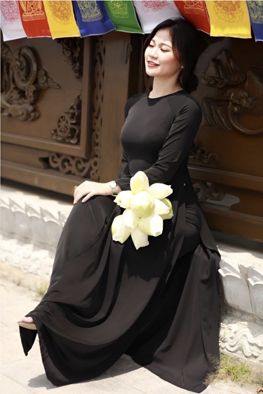 C50 Áo + quần - Áo dài chiffon đen trơn cổ tròn