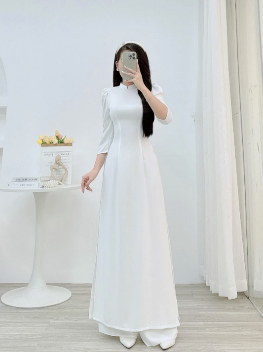 T471 -Only áo - Áo dài lụa mỹ trắng trơn tay bồng