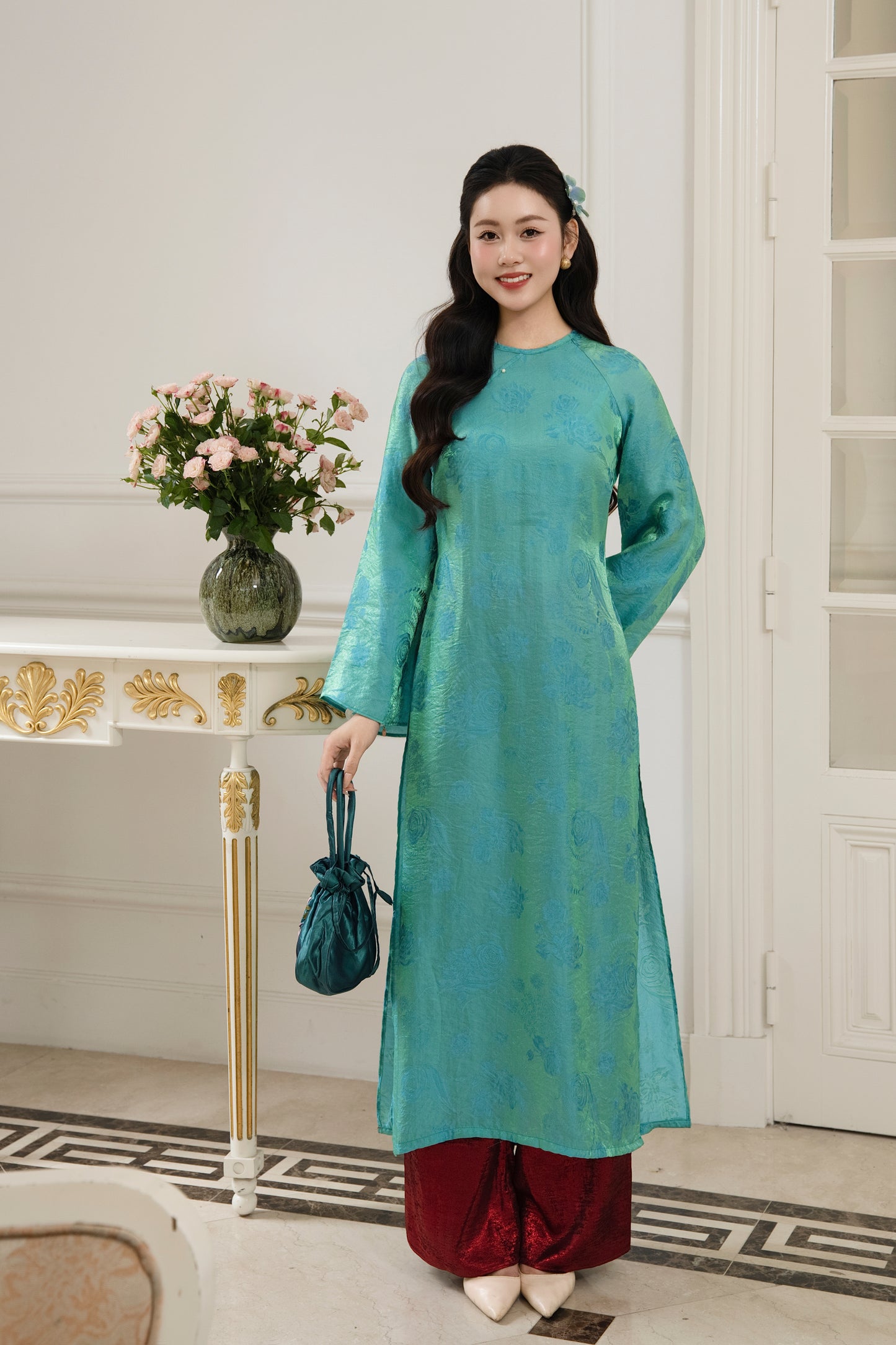 M254 1742 Áo + quần nhũ đỏ - Áo dài cách tân tơ tencel ánh kim dáng suông màu xanh