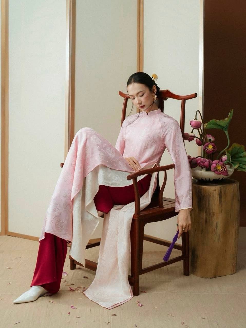 K174 Áo only no pants - Áo dài dáng suông 4 tà lụa tằm thọ dơi