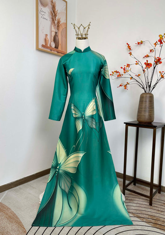 H460 1910 Áo only - Áo dài lụa ánh sao màu xanh in cánh bướm