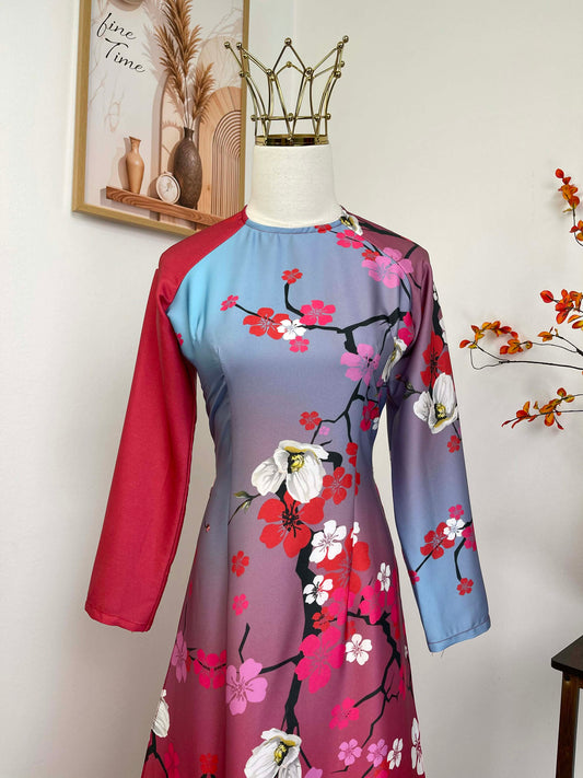 H466 1920 Áo only - Áo dài lụa ánh sao màu hồng xanh