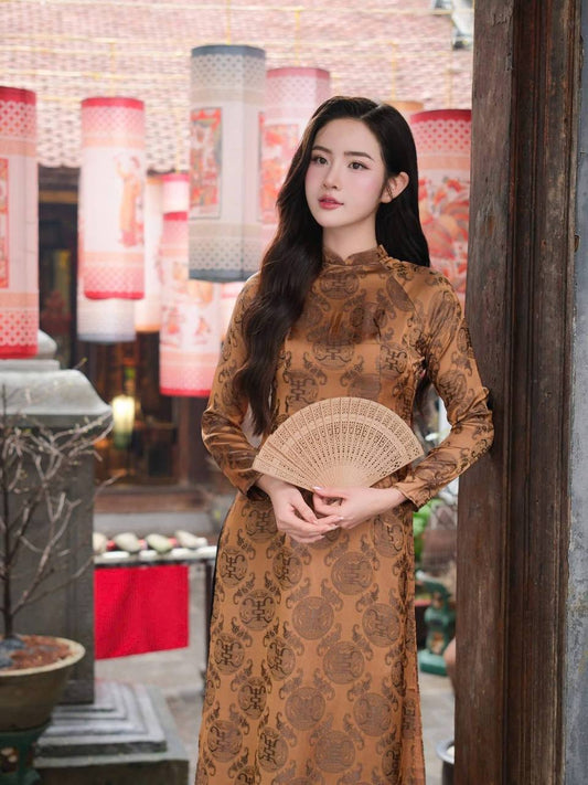K150 5390 Áo only no pants - Áo dài dáng truyền thống chiết li eo lụa gấm thọ dơi màu nâu