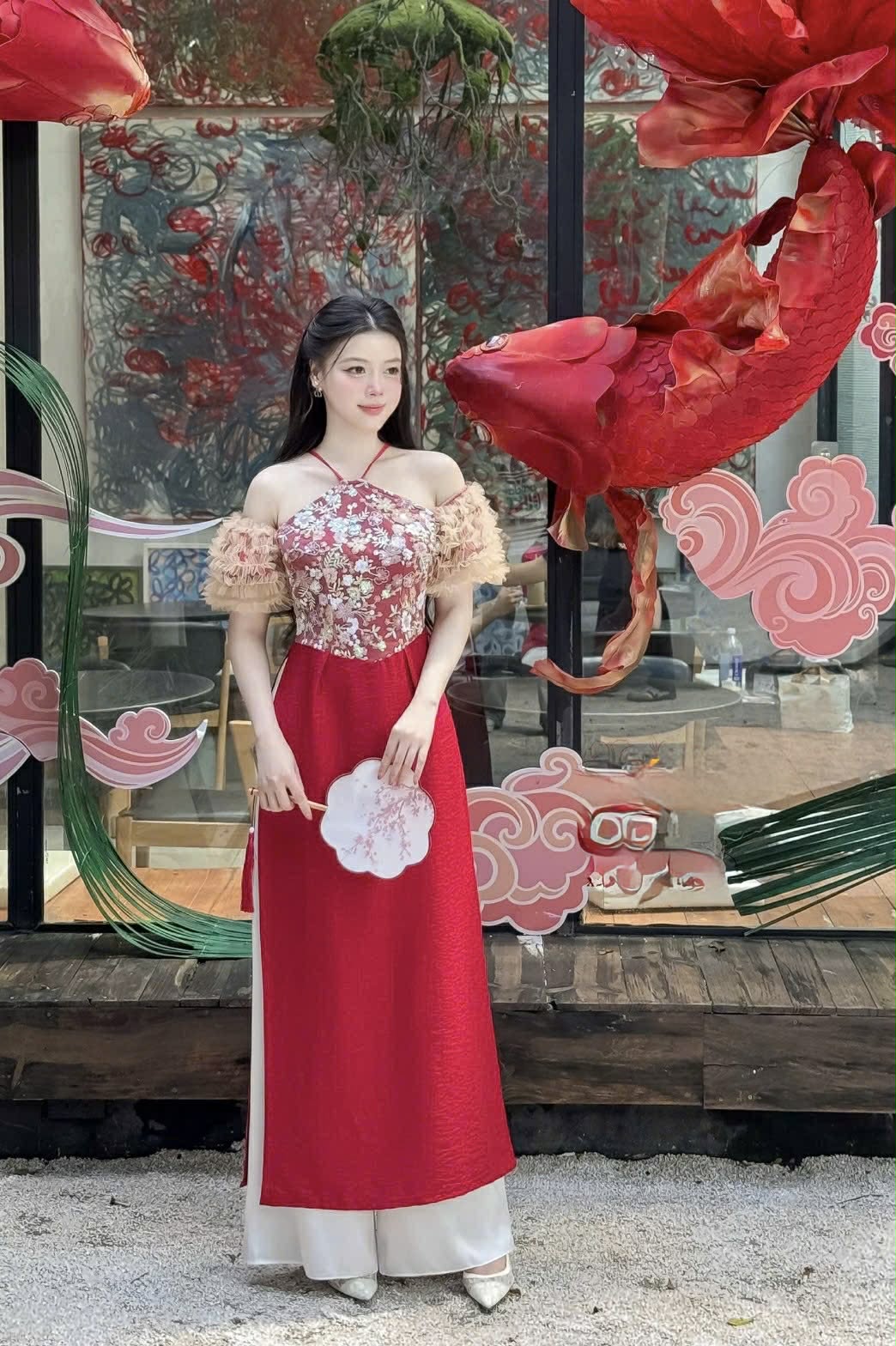 M305 Áo + quần - Áo dài cách tân yếm tay nhún màu đỏ