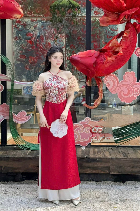 M305 Áo + quần - Áo dài cách tân yếm tay nhún màu đỏ