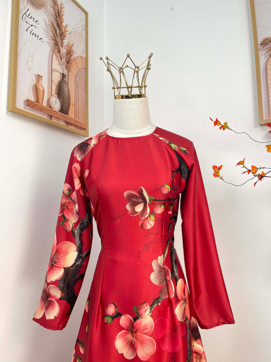 H481 1961 Áo only - Áo dài Tết lụa ánh sao màu đỏ đậm