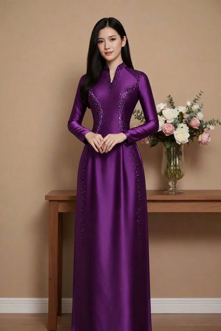 S361 Áo only no pants - Áo dài dáng truyền thống chiết li eo lụa bảo ngọc màu tím huế đính kết