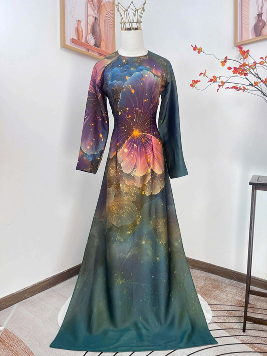 H489 1969 Áo only - Áo dài lụa ánh sao màu loang