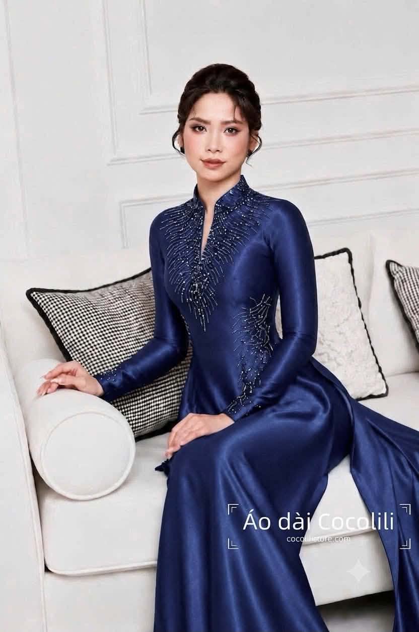 S339 Áo only no pants - Áo dài đính kết thiết kế dáng truyền thống chiết li eo lụa bảo ngọc