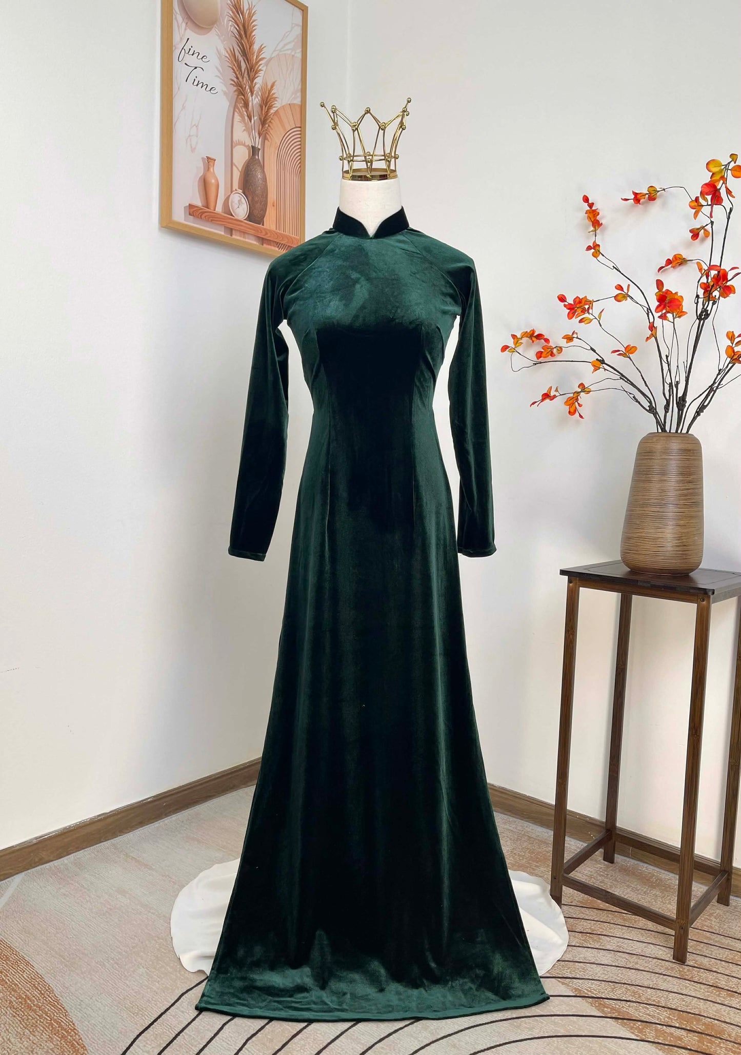 H444 1890 Áo only - Áo dài nhung trơn màu xanh lá đậm