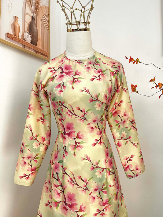 H487 1967 Áo only - Áo dài Tết lụa ánh sao hoa đào