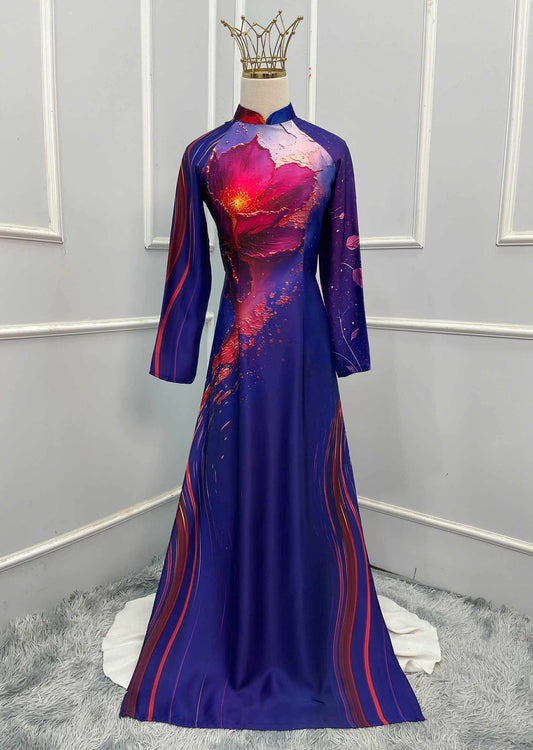 H313 1505 Áo only - Áo dài lụa ánh sao thiết kế 2 da màu tím hoa