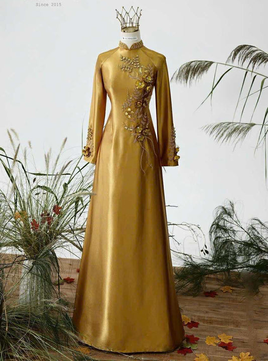 S216 1490 Áo only - Áo dài vàng đính kết