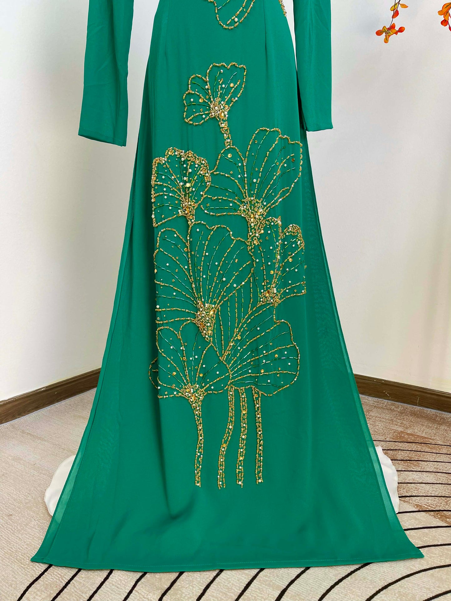 S237 1887 Áo only - Áo dài chiffon 4 tà thiết kế đính đá màu xanh lá