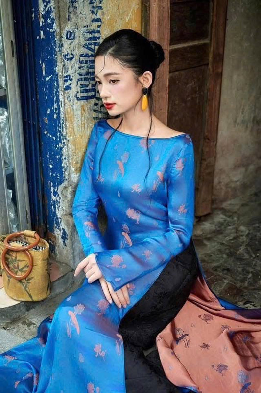 HD152 4379 Áo only no pants - Áo dài dáng suông 2 tà lụa nha xá