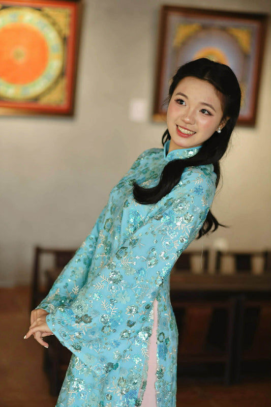 H516 2203 Áo only - Áo dài suông kimsa xanh dương