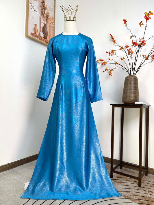 H470 1924 Áo only - Áo dài lụa sa mạc in 4D màu xanh dương