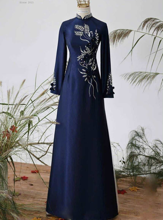 S215 Áo only - Áo dài xanh than đính kết