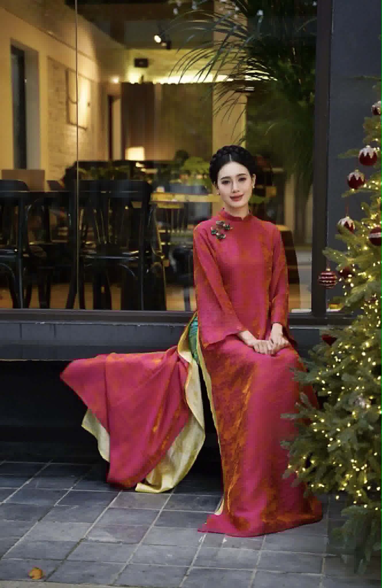 H495 1974 Áo + quần tằm - Áo dài tằm ánh kim tencel 4 tà màu hồng sen