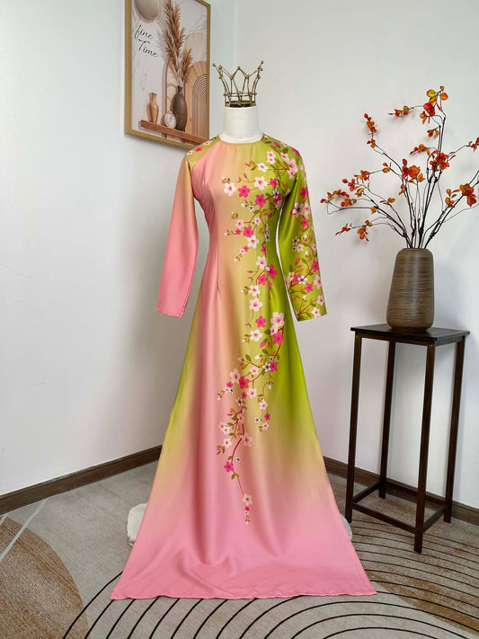 H452 1901 Áo only - Áo dài lụa ánh sao màu hồng đào