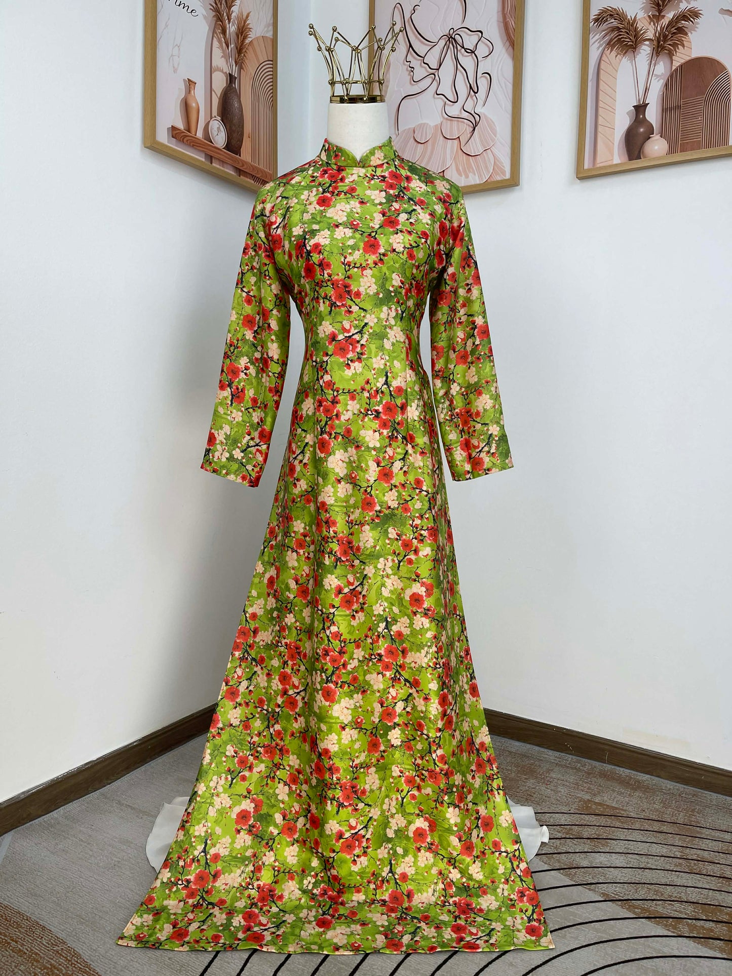 H402 1754 Áo only - Áo dài lụa kim sa phú quý hoa dây màu xanh