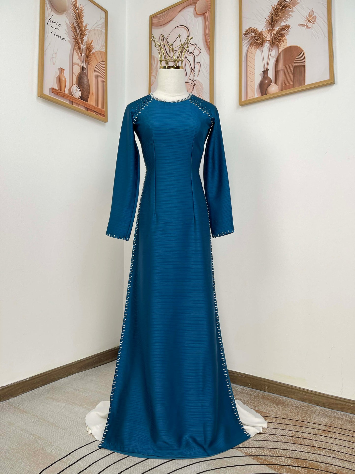 H430 1775 Áo only - Áo dài lụa ánh nguyệt 4 tà đính kết màu xanh dương