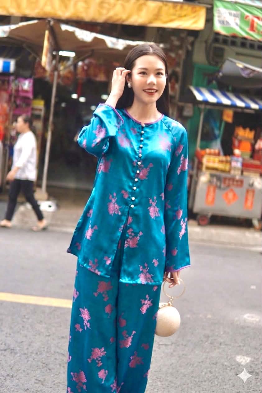 BB216 4207 - Set bà ba lụa tằm 2 da xanh ánh đỏ