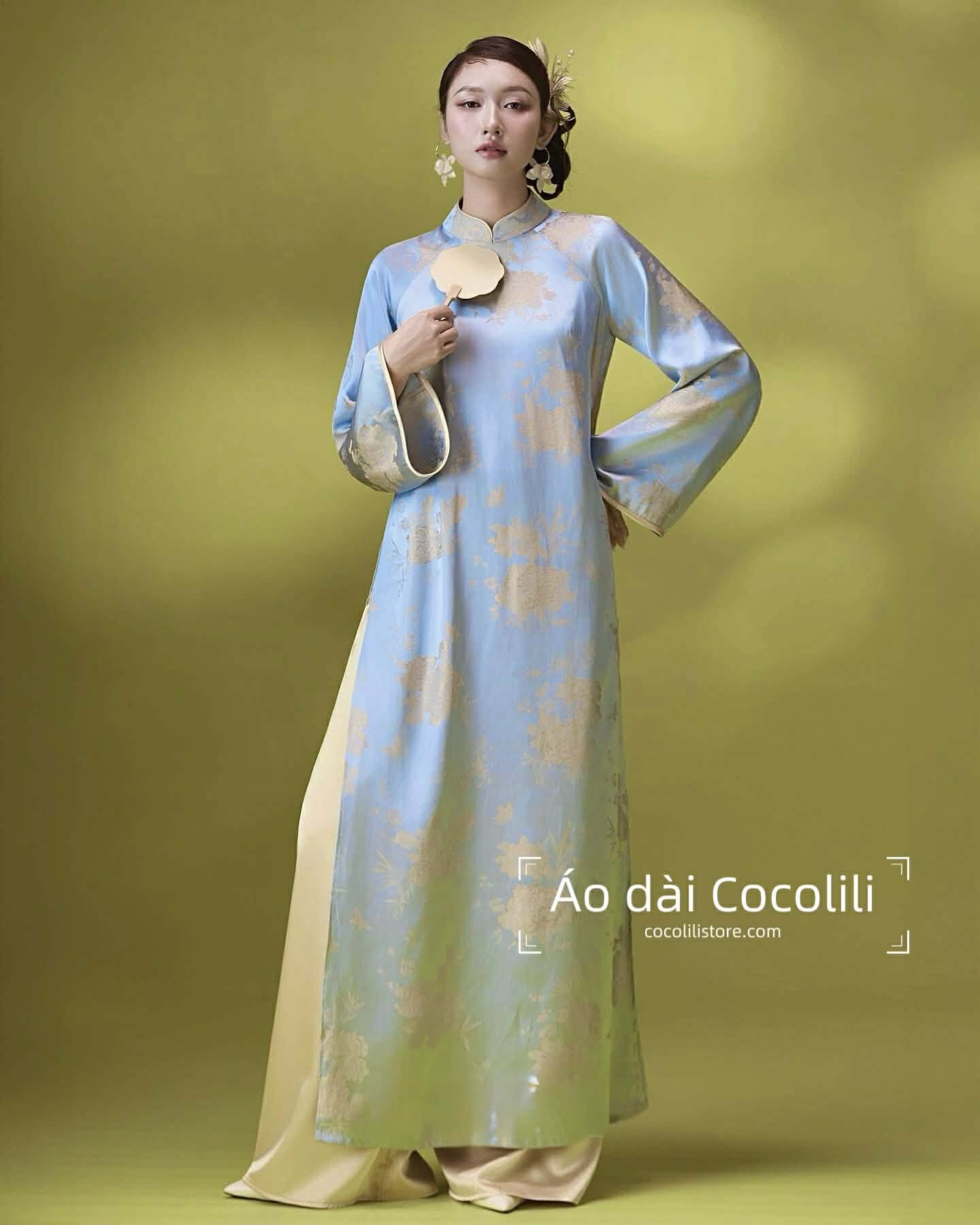 H653 Áo only no pants - Áo dài dáng suông 2 tà lụa gấm màu xanh blue