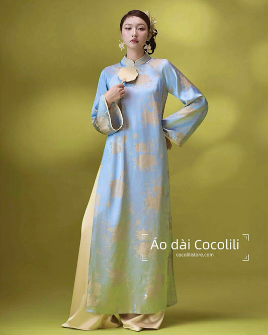 H653 3776 Áo + quần - Áo dài dáng suông 2 tà lụa gấm màu xanh blue kèm quần kem