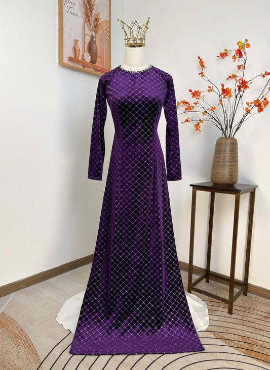 H474 1906 Áo only - Áo dài Nhung nhũ caro đính cổ màu tím